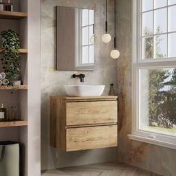 Banyetti Vatilla 700mm Wall Hung Vanity Unit with Matching Worktop - Ostippo Oak in Light Oak - thumbnail 2