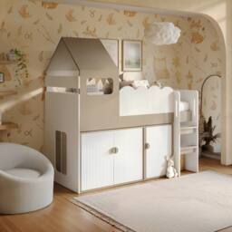 Flair Calista Ribbed House Mid Sleeper Bed with Storage White & Taupe - Size: Single - thumbnail 1