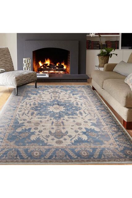 Living and Home 180cm L x 100cm W Luxurious Faux Cashmere Large Floral Area Rug for Living Room Bedroom in Blue - Size: 180 cm x 100 cm - image 1