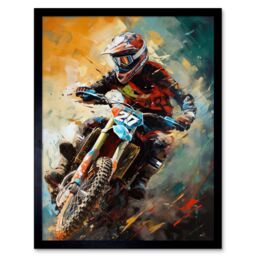 "Artery8 Wall Art Print Motocross Race Driver Sport Action Shot Painting Art Framed in Black - Size: W12"" x H16""" - thumbnail 1