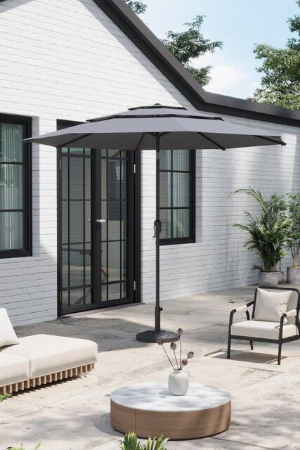 Garden Sanctuary 3-Tier Outdoor Garden Umbrella with Crank & Woven-Pattern Stand in Light Grey - image 1