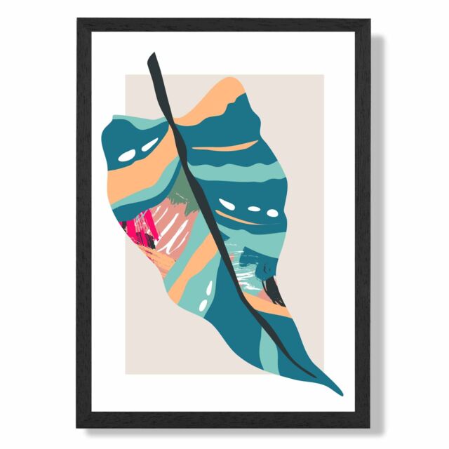 ARTZE Tropical Palm Blue & Pink Boho Botanical Framed Print SIZE: A3 with Black Frame in Mid Blue - Size: A4 - image 1
