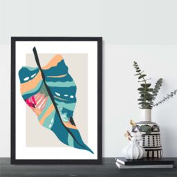 ARTZE Tropical Palm Blue & Pink Boho Botanical Framed Print SIZE: A3 with Black Frame in Mid Blue - Size: A4 - thumbnail 2