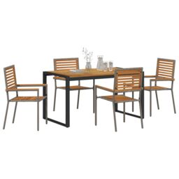 Berkfield Home 5 Piece Garden Dining Set Grey Poly Rattan Acacia - thumbnail 3