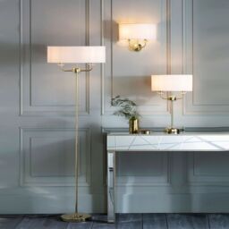 Loops 1.5m Twin Floor Lamp Brass & White Shade 2 Bulb Standing Living Room Light Base - thumbnail 5