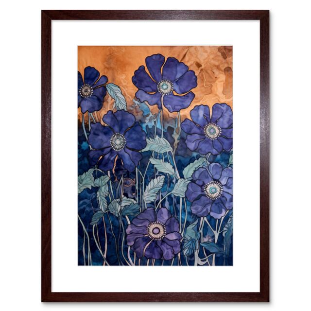 "Artery8 Wall Art Print Anemone Flower Blue & Amber Watercolour Painting Artwork Framed 9X7 Inch in Brown - Size: W7"" x H9""" - image 1