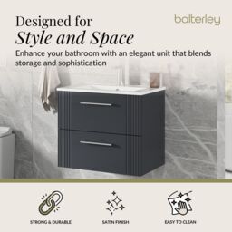 Balterley Wall Hung 2 Drawers Vanity Unit - Minimalist Basin 600mm, Satin Dark Grey - thumbnail 2