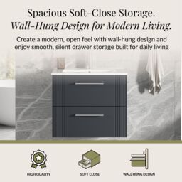 Balterley Wall Hung 2 Drawers Vanity Unit - Minimalist Basin 600mm, Satin Dark Grey - thumbnail 3