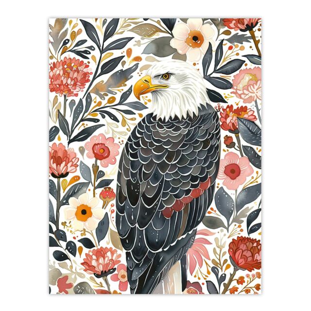 "Artery8 American Bald Eagle Floral Watercolour Portrait Wall Art Print - Size: W24"" x H32""" - image 1