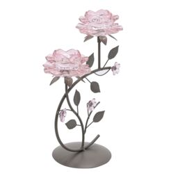 Hestia Pink Glass Rose 2 Stem Candle Holder On Taupe Base - thumbnail 2