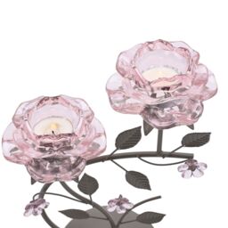 Hestia Pink Glass Rose 2 Stem Candle Holder On Taupe Base - thumbnail 3