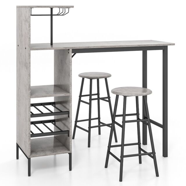 Costway 3PCS Bar Table & 2 Stool Industrial Kitchen Dining Set W/ Wine Rack Glass Holder in Grey - image 1