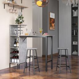 Costway 3PCS Bar Table & 2 Stool Industrial Kitchen Dining Set W/ Wine Rack Glass Holder in Grey - thumbnail 6