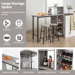 Costway 3PCS Bar Table & 2 Stool Industrial Kitchen Dining Set W/ Wine Rack Glass Holder in Grey - thumbnail 5
