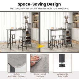 Costway 3PCS Bar Table & 2 Stool Industrial Kitchen Dining Set W/ Wine Rack Glass Holder in Grey - thumbnail 4