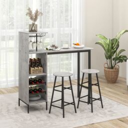 Costway 3PCS Bar Table & 2 Stool Industrial Kitchen Dining Set W/ Wine Rack Glass Holder in Grey - thumbnail 3