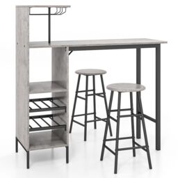 Costway 3PCS Bar Table & 2 Stool Industrial Kitchen Dining Set W/ Wine Rack Glass Holder in Grey