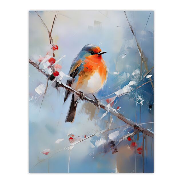 "Artery8 Wall Art Print Winter Robin Bird on Tree Branch Oil Painting Poster Picture in Blue - Size: W18"" x H24""" - image 1