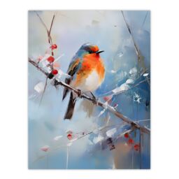 "Artery8 Wall Art Print Winter Robin Bird on Tree Branch Oil Painting Poster Picture in Blue - Size: W18"" x H24""" - thumbnail 1