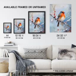 "Artery8 Wall Art Print Winter Robin Bird on Tree Branch Oil Painting Poster Picture in Blue - Size: W18"" x H24""" - thumbnail 3