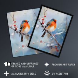 "Artery8 Wall Art Print Winter Robin Bird on Tree Branch Oil Painting Poster Picture in Blue - Size: W18"" x H24""" - thumbnail 2