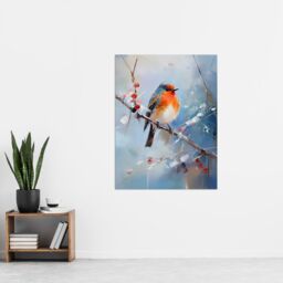 "Artery8 Wall Art Print Winter Robin Bird on Tree Branch Oil Painting Poster Picture in Blue - Size: W18"" x H24""" - thumbnail 4
