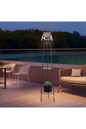 H&O Direct Two-Level Solar Plant Stand Set - Self-Illuminating Garden Shelf (2 Units) in Black - thumbnail 2