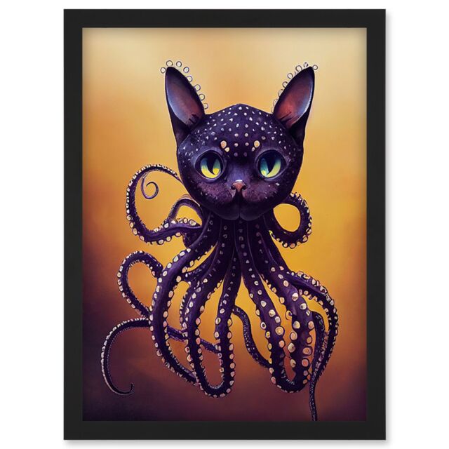 Artery8 Octopussy Surreal Cat Octopus Hybrid Purple Artwork Framed Wall Art Print A4 in Black - image 1