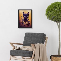 Artery8 Octopussy Surreal Cat Octopus Hybrid Purple Artwork Framed Wall Art Print A4 in Black - thumbnail 2