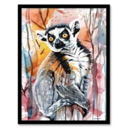 Artery8 Striped Lemur in Abstract Rainforest Sunset Framed Wall Art - Size: A4 - thumbnail 1