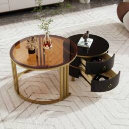 BTM Round Nesting Coffee Tables with 2 Drawers, 2-in-1 Set in Black - thumbnail 2