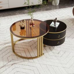BTM Round Nesting Coffee Tables with 2 Drawers, 2-in-1 Set in Black - thumbnail 3
