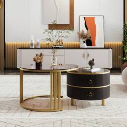 BTM Round Nesting Coffee Tables with 2 Drawers, 2-in-1 Set in Black - thumbnail 1