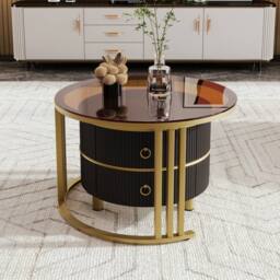 BTM Round Nesting Coffee Tables with 2 Drawers, 2-in-1 Set in Black - thumbnail 4