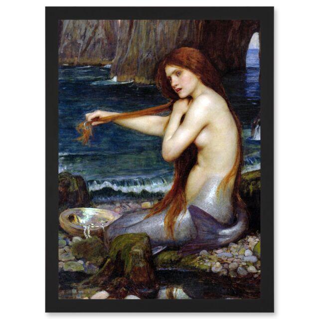 Artery8 John William Waterhouse Mermaid Bathing Water Bathroom Painting A4 Artwork Framed Wall Art Print in Black - image 1