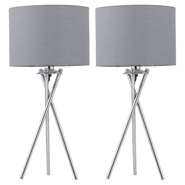 First Choice Lighting Set of 2 Chrome Tripod Table Lamps with Grey Cotton Shades in Silver - image 1