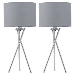 First Choice Lighting Set of 2 Chrome Tripod Table Lamps with Grey Cotton Shades in Silver