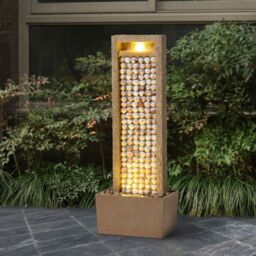Teamson Home Garden Outdoor Water Feature, Tall Waterfall Water Fountain, With Warm LED Lights, Layered Rock Design, Seashells in Brown - thumbnail 2