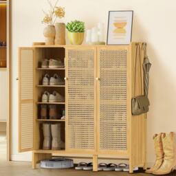 KORVIXA 6 Tier Bamboo Shoe Storage Cabinet 3 Doors Footwear Stand Rack in Natural - Size: 100 cm x 100 cm