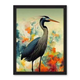"Artery8 Wall Art Print Heron Bird in Abstract Flower Field Colourful Teal Orange Navy Large Framed Wall Décor Art in White - Size: W18"" x H24""" - thumbnail 1