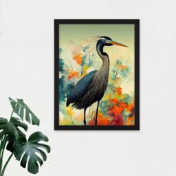 "Artery8 Wall Art Print Heron Bird in Abstract Flower Field Colourful Teal Orange Navy Large Framed Wall Décor Art in White - Size: W18"" x H24""" - thumbnail 2