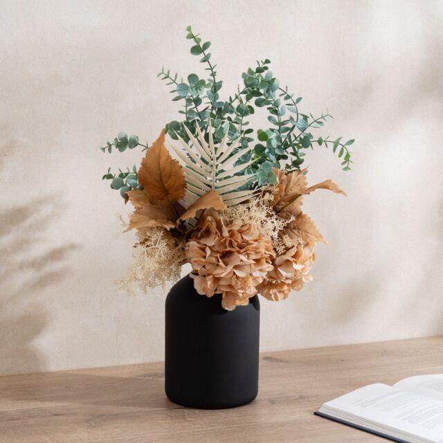 Scottish Everlastings Ltd 48cm Dry Look Hydrangea & Eucalyptus Bouquet in 23.5cm Black Vase in Peach - image 1