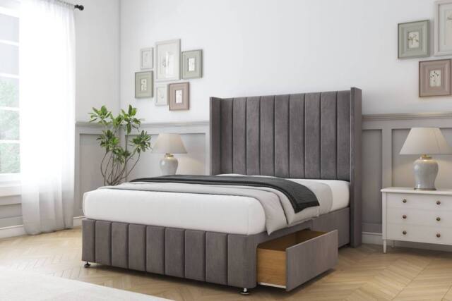 "Sloomy Melbourne Naples Divan Set 2 Drawers-54"" Wingback-Footboard in Grey - Size: Double" - image 1