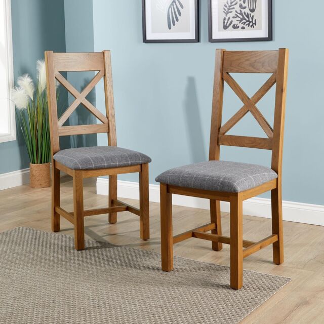Home Source High Cross Backed Dining Chair Grey Checked Seat Solid Oak Legs - image 1