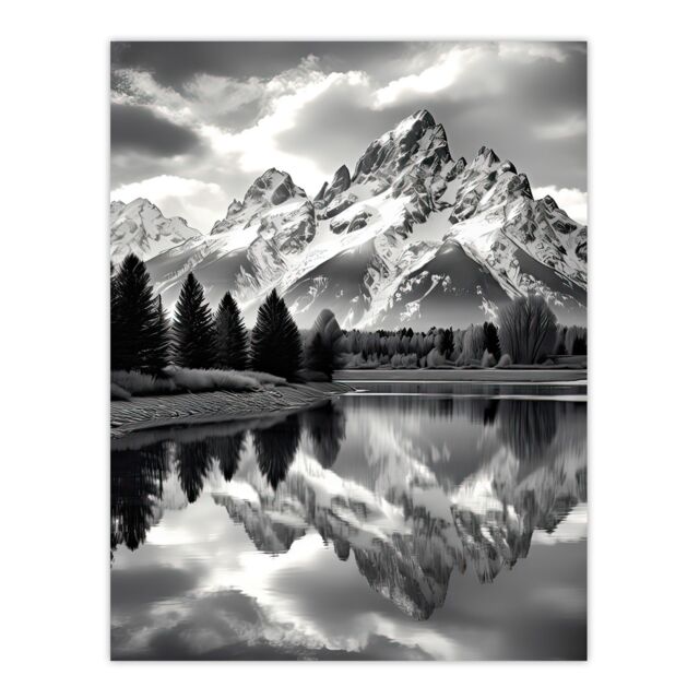 "Artery8 Wall Art Print Grand Teton Reflected in Snake River Black & White Poster in Grey - Size: W18"" x H24""" - image 1