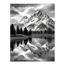 "Artery8 Wall Art Print Grand Teton Reflected in Snake River Black & White Poster in Grey - Size: W18"" x H24""" - thumbnail 1