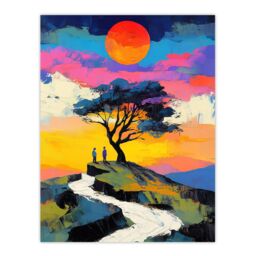 "Artery8 Couple Watching Sunset Hilltop Colourful Romantic Wall Art Print - Size: W12"" x H16""" - thumbnail 1