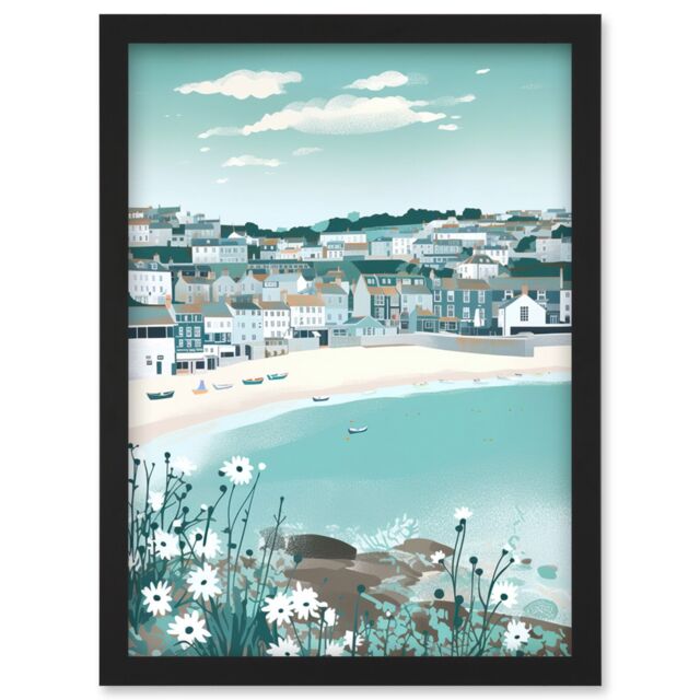 Artery8 St Ives Bay Daisies Soft Pastel Coastal Cityscape Artwork Framed Wall Art Print A4 in Black - image 1