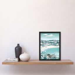 Artery8 St Ives Bay Daisies Soft Pastel Coastal Cityscape Artwork Framed Wall Art Print A4 in Black - thumbnail 2