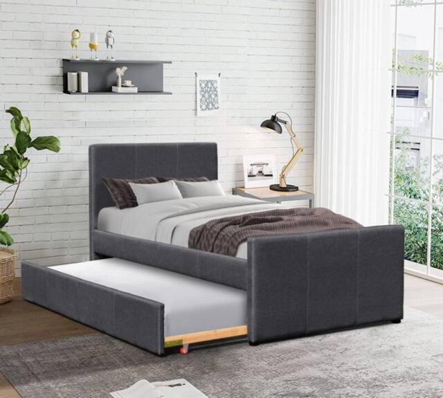 Comfy Living Ltd 3ft Single Fabric Bed Frame With Trundle Bed in Grey